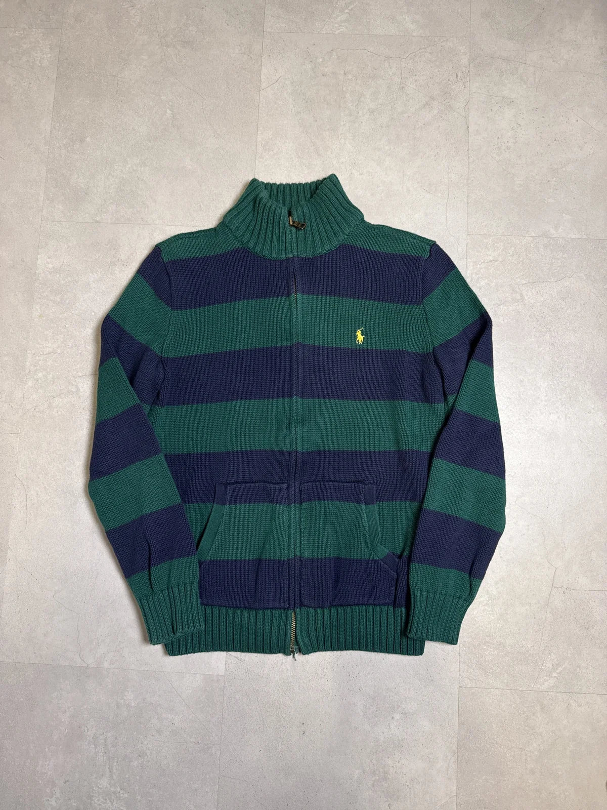 Ralph Lauren Maglione Cardigan Strisce Verde e Blu con Zip e Collo Alto – photo 1