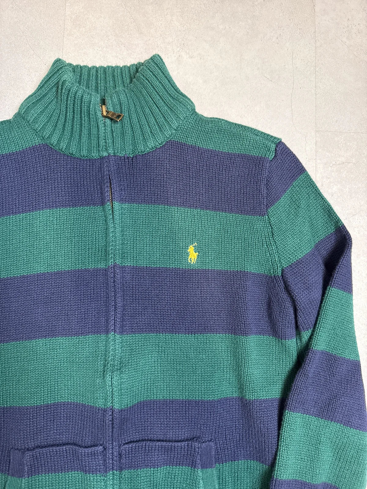 Ralph Lauren Maglione Cardigan Strisce Verde e Blu con Zip e Collo Alto – photo 2