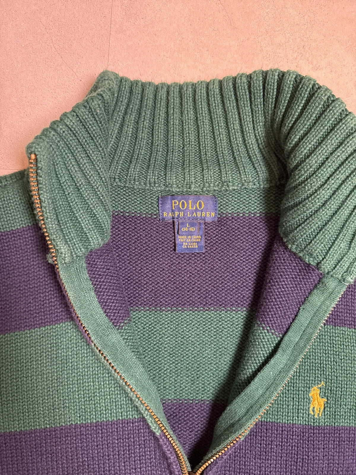 Ralph Lauren Maglione Cardigan Strisce Verde e Blu con Zip e Collo Alto – photo 3